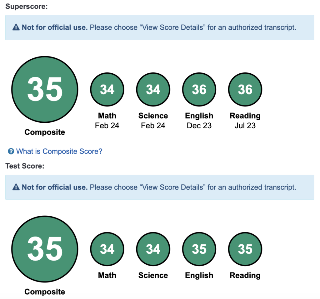 ACT report card from a student showing latest test and superscores.